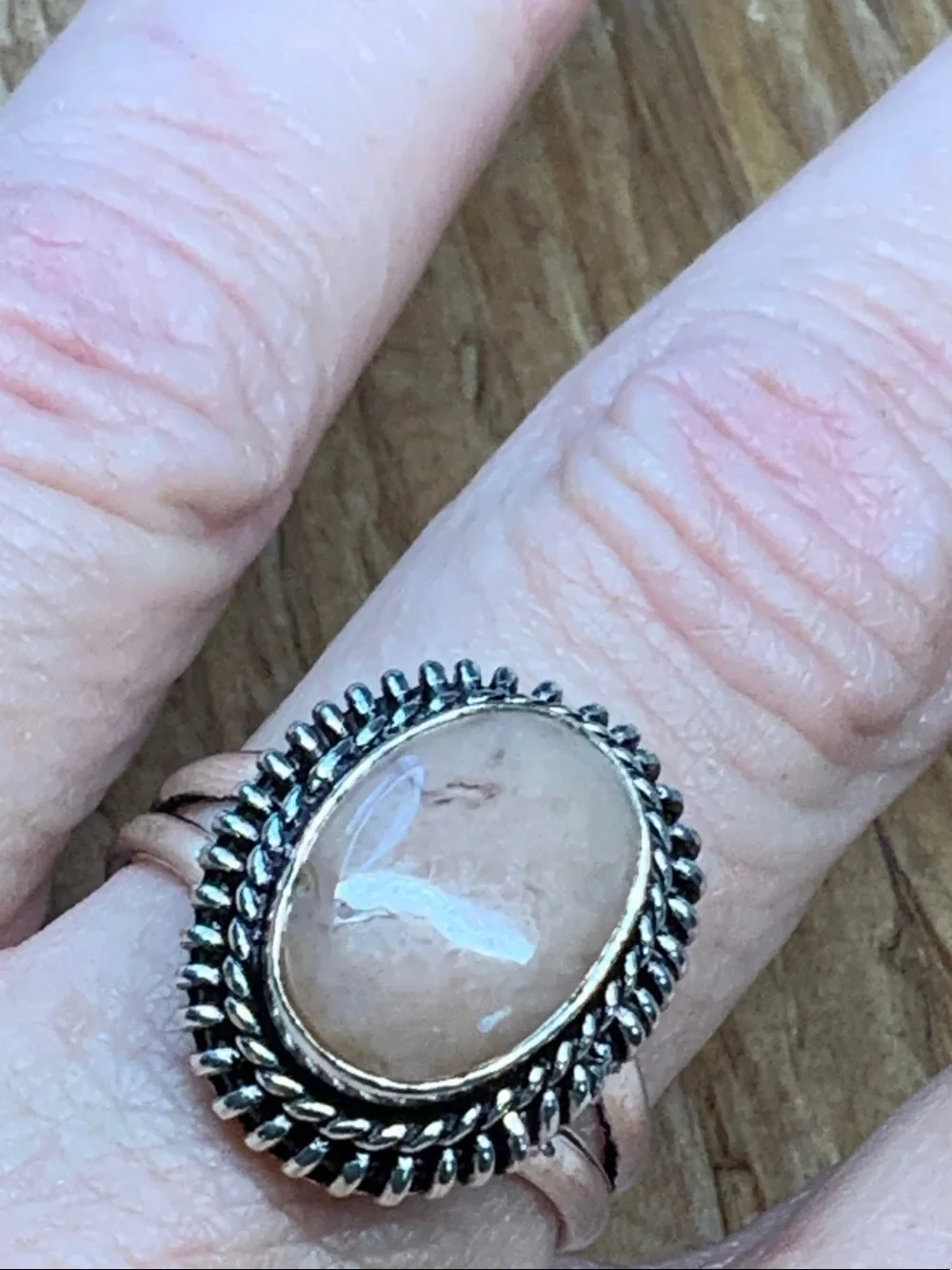 Pink Opal Gemstone Oval Cabochon 925 Twisted Rope Edge Ring - 9